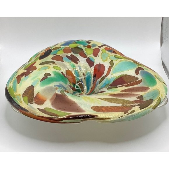 Multicolored Hand Blown Art Glass Bowl Dish Footed Polished Bottom - Picture 3 of 9